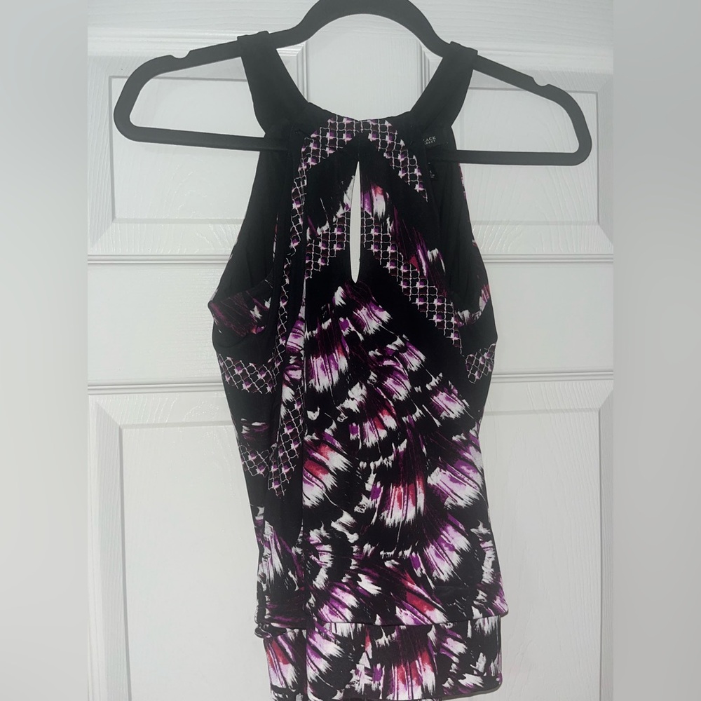 White House black market XS halter cut out plunge peekaboo purple black top